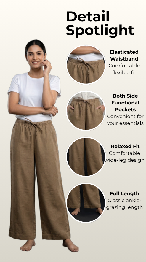 Woman wearing brown / khaki color  wide-leg pants with feature highlights on a beige background